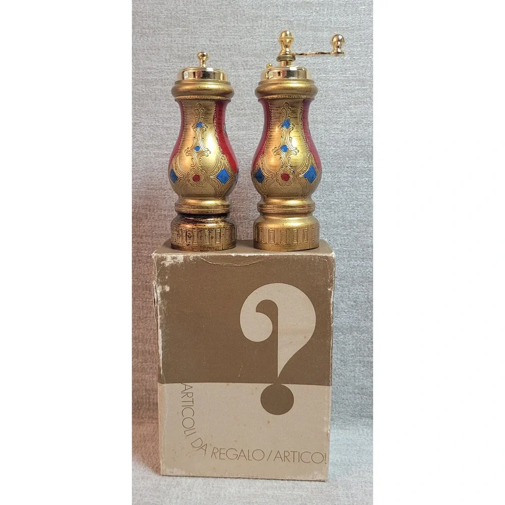 Vintage Italian Florentine Salt Pepper Mill Set Gold Red Blue Wood Grinder Box